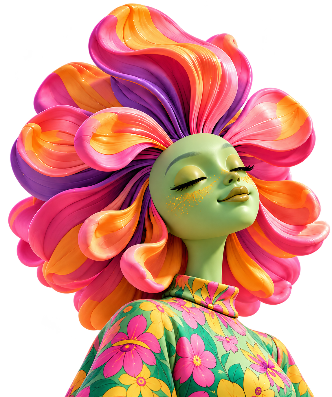 Personaje de rostro verde con cabello de pétalos rosados, naranjas y lilas
